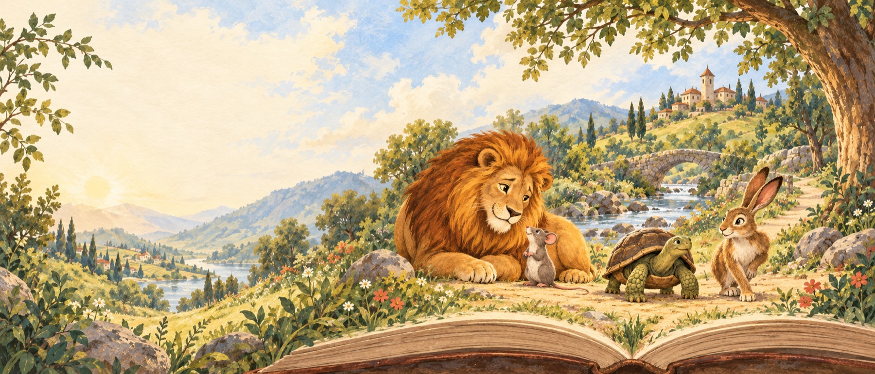 Un libro abierto se convierte en un mundo de cuentos con un león, un ratón, una tortuga y una liebre